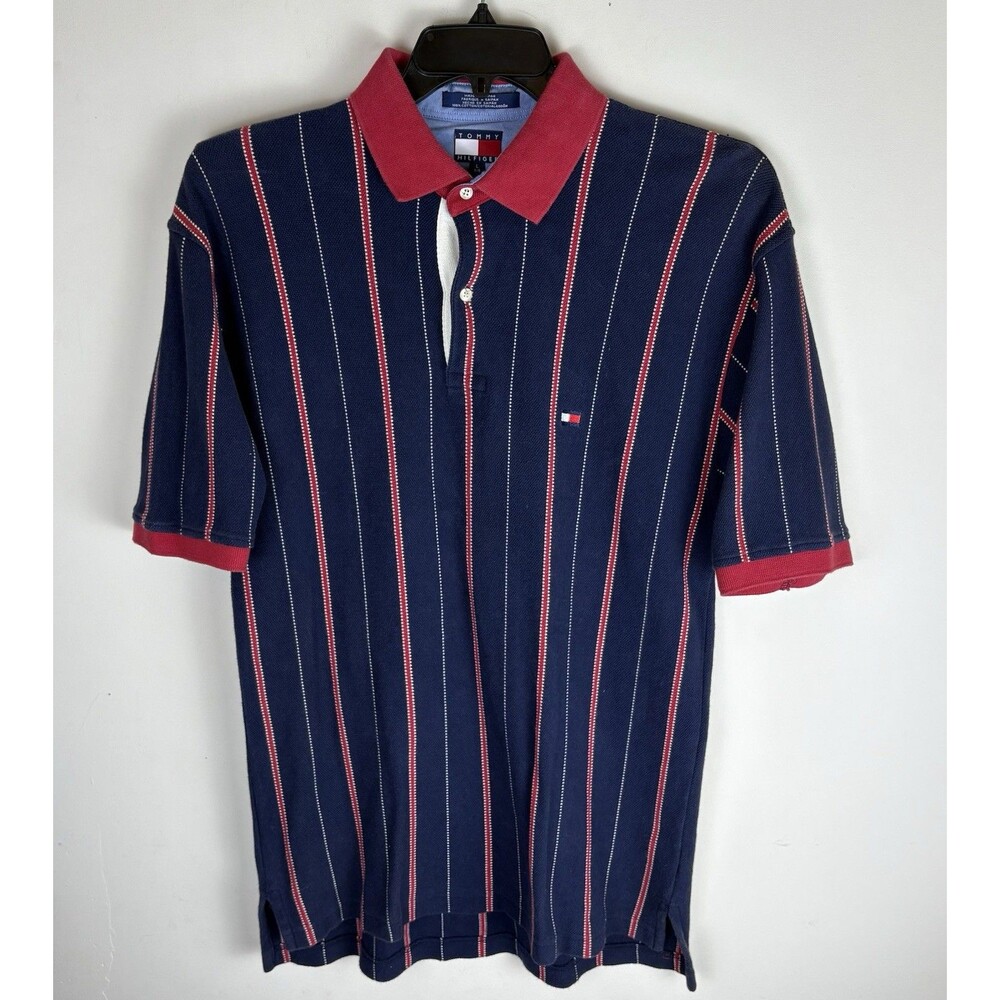 Vintage 90s Tommy Hilfiger Striped Polo Shirt / Navy / Size Large / Short Sleeve